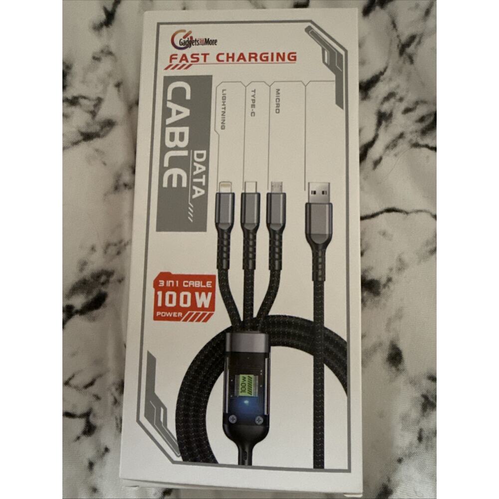 3-in-1 100W Fast Charging Cable Black Lightning Type-C Micro-USB mfi certified